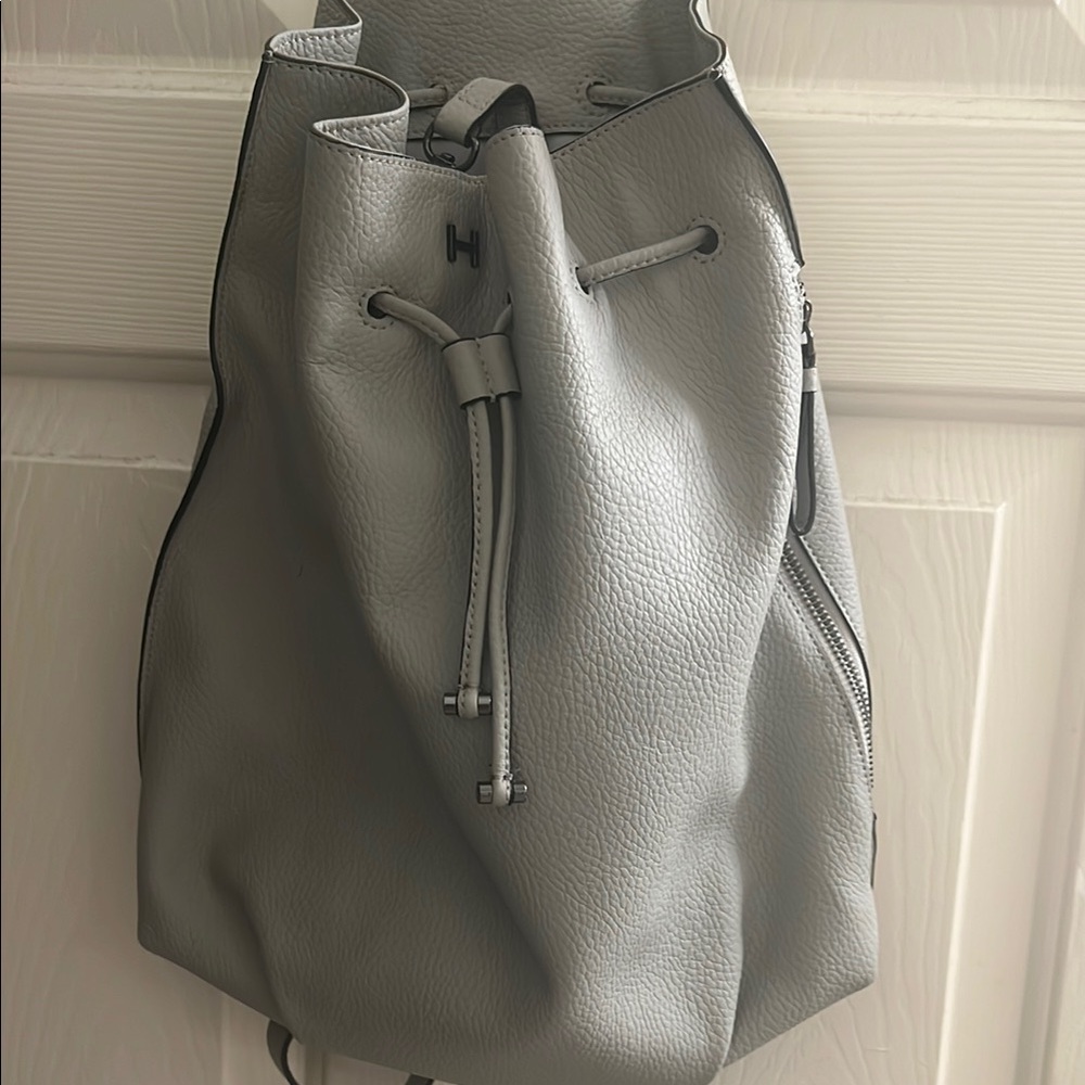 Gray Leather Halston Drawstring Backpack